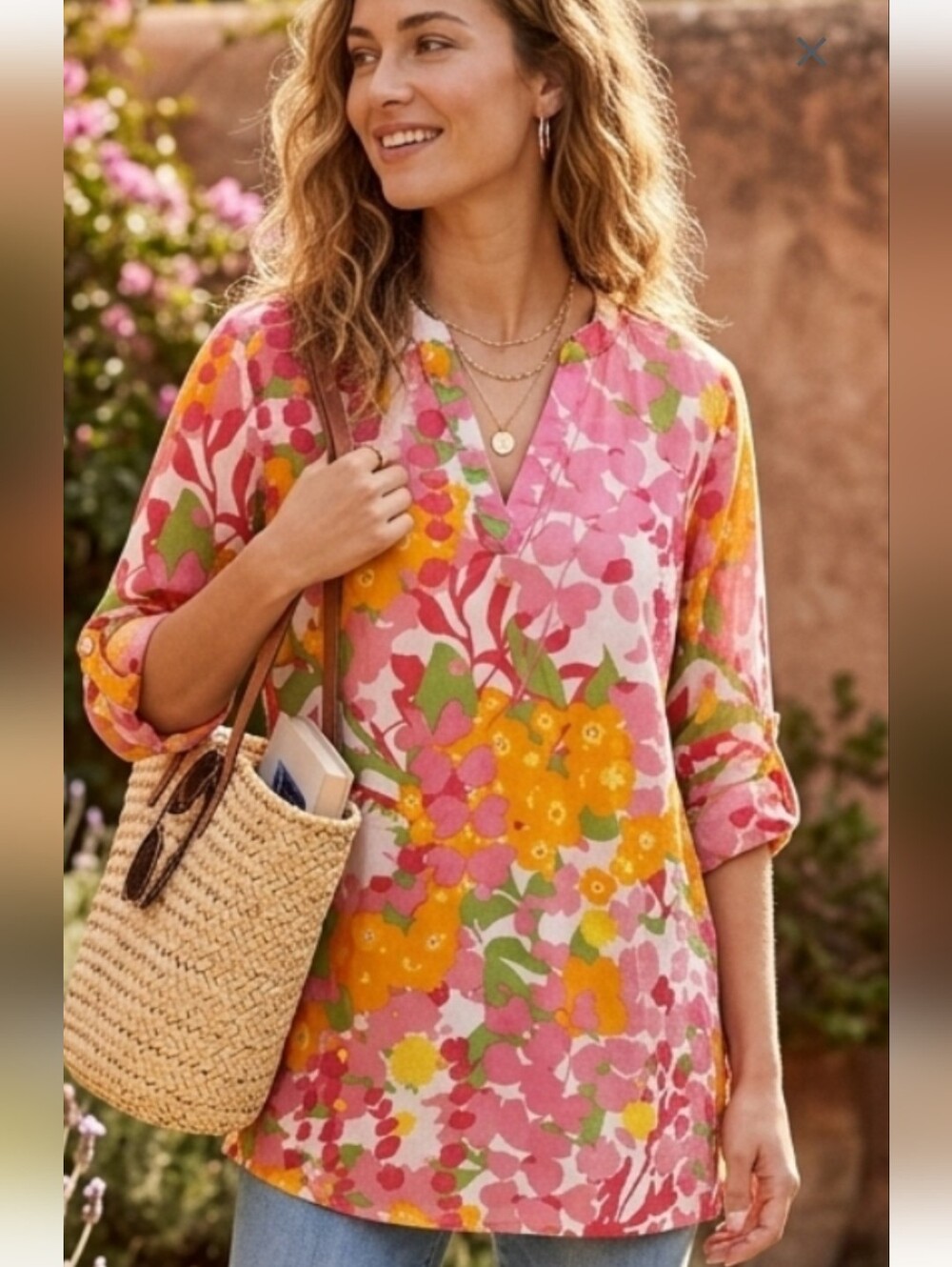 Top It Off  Floral Roll Up Tunic  Top - Pink & Yellow Sz S NWT